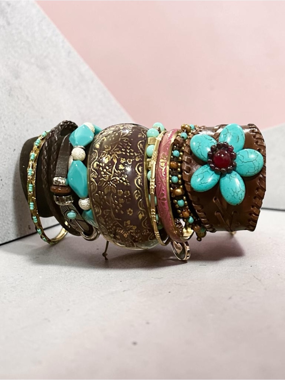 Bohemian Turquoise Beaded Bracelet Stack Leather Wide Cuff Western Bangle Set